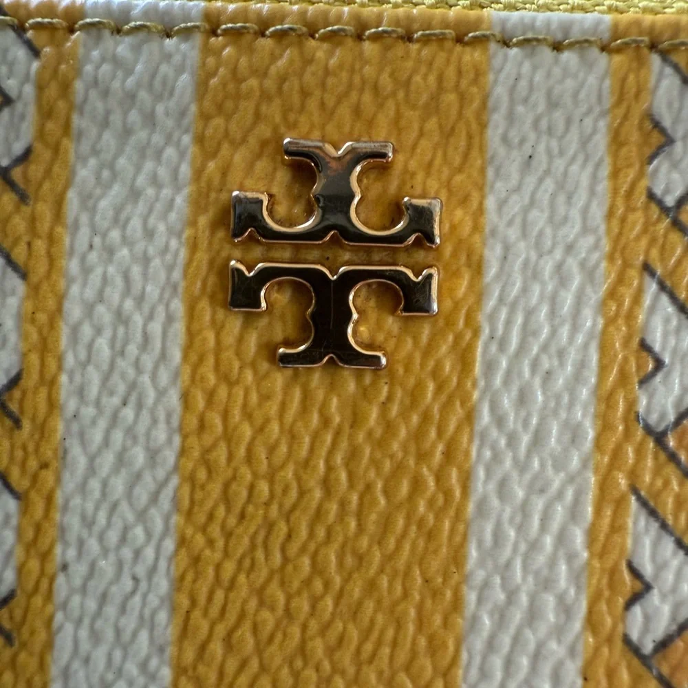 Tory Burch Yellow White Zip Around Wallet Designer Logo Leather Long Clutch